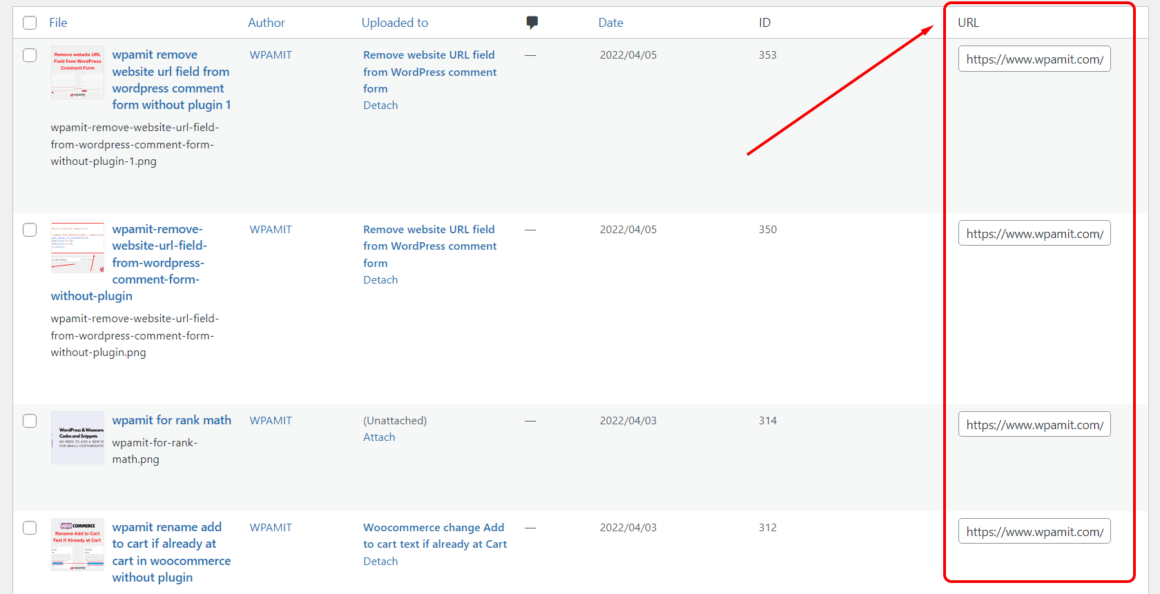 Show Media URL Column in WordPress Media Library 2 wpamit show media URL column in WordPress media library without plugin