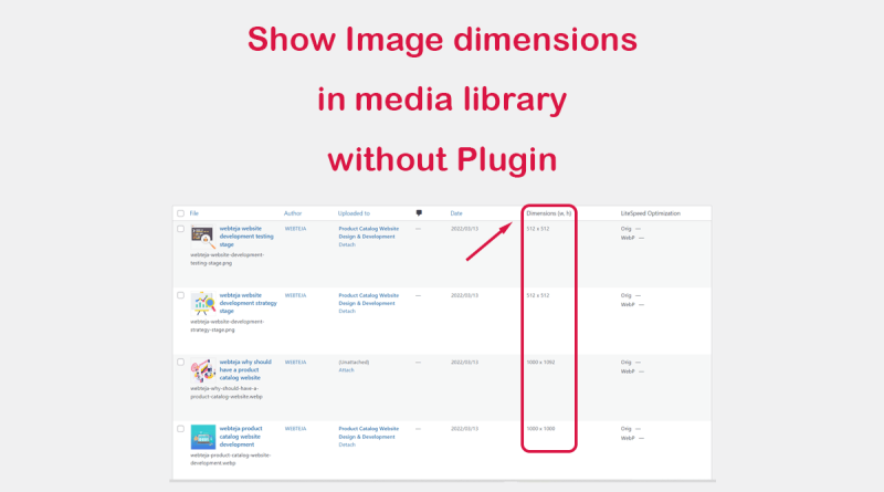 wpamit show wordpress image dimensions in media library without plugin